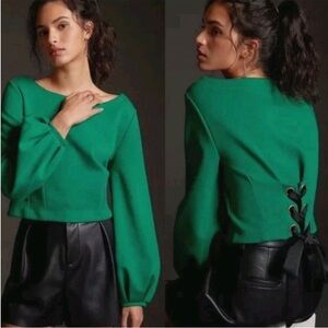 Anthropologie Maeve Tie-Back Ponte Pullover Top in Green & Black Size Medium